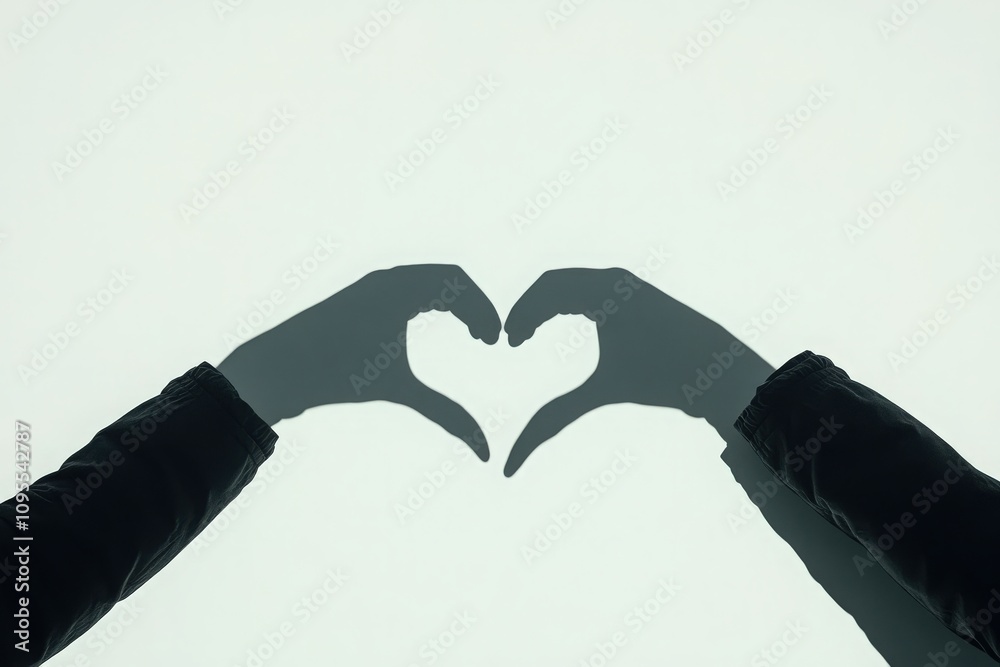 Two hands form a heart shape with their shadows on a white surface, symbolizing love and connection. The simple yet powerful gesture evokes feelings of affection and unity.