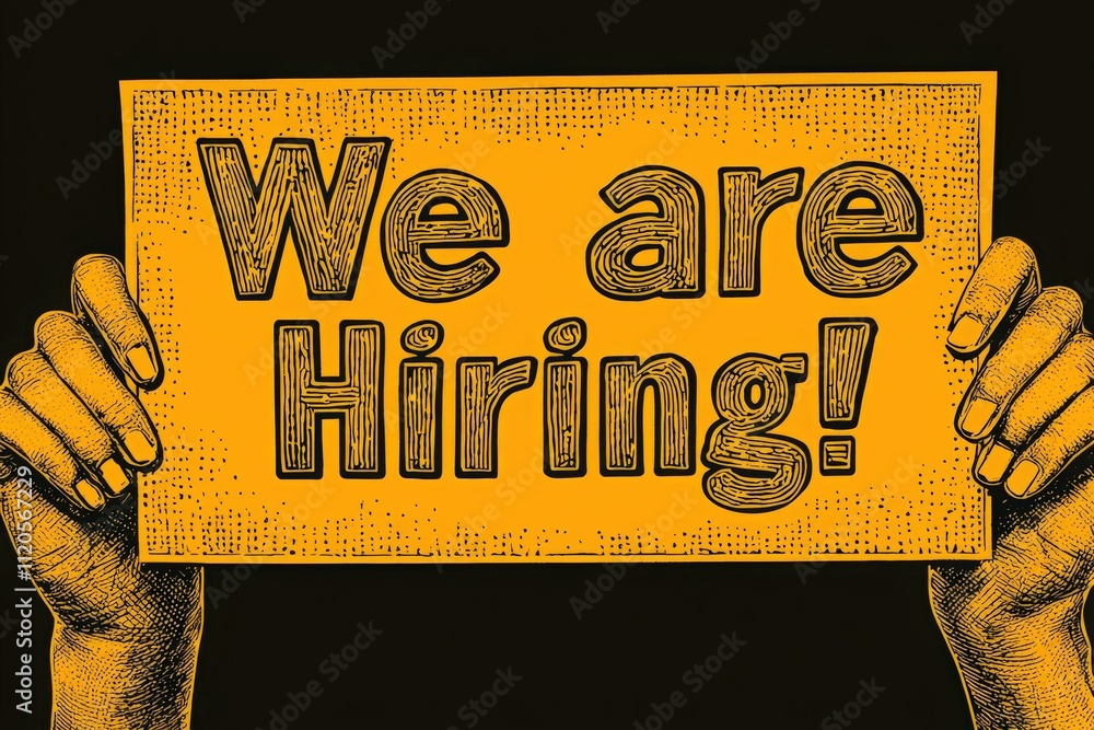 Two hands hold a bright yellow sign displaying a clear message about job openings. The simple design emphasizes the urgency of hiring, making it eye-catching and direct.