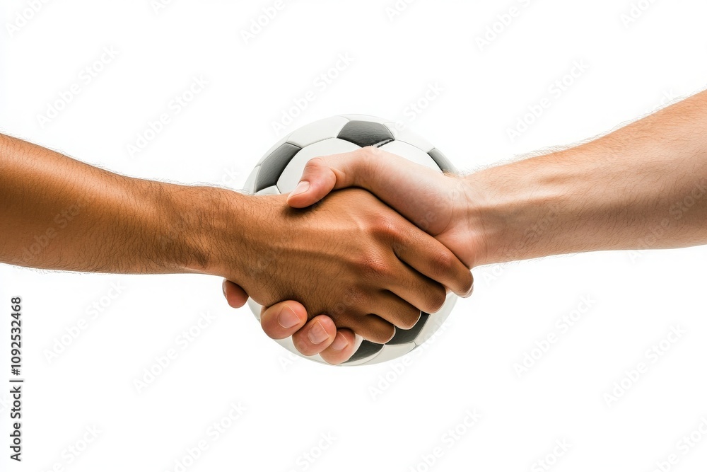 Two hands of different skin tones grip each other firmly above a soccer ball, representing unity and sportsmanship in soccer. The focus is on the hands and ball, conveying a powerful message.