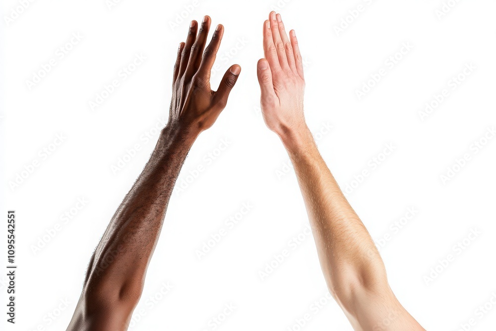 Two hands of different skin tones reach out toward each other, representing inclusion and unity in a diverse world. This moment highlights the beauty of cooperation and understanding among people.