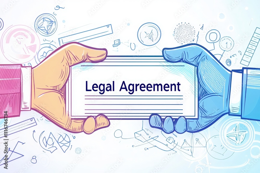 Two hands, one orange and one blue, hold a legal agreement. Behind them are abstract shapes and legal symbols, depicting a creative interpretation of law and exchange.