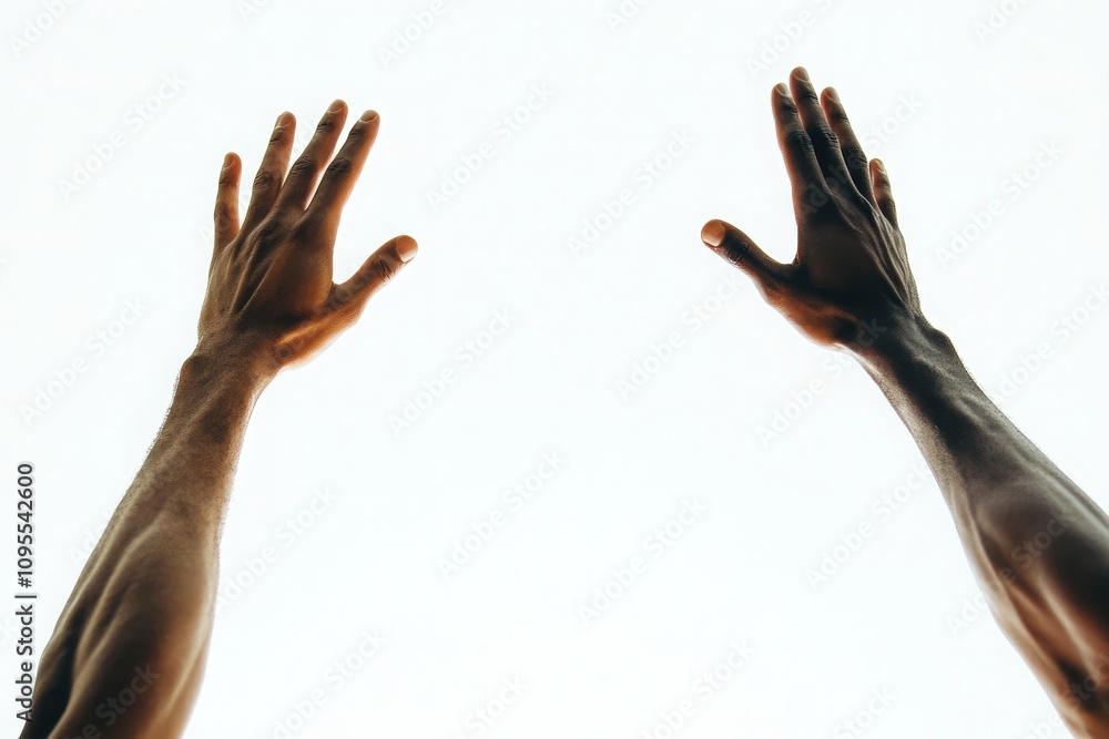 Two hands reach upward against a bright background, symbolizing a desire for connection, aspiration, and hope. The moment conveys a profound sense of yearning and elevation.