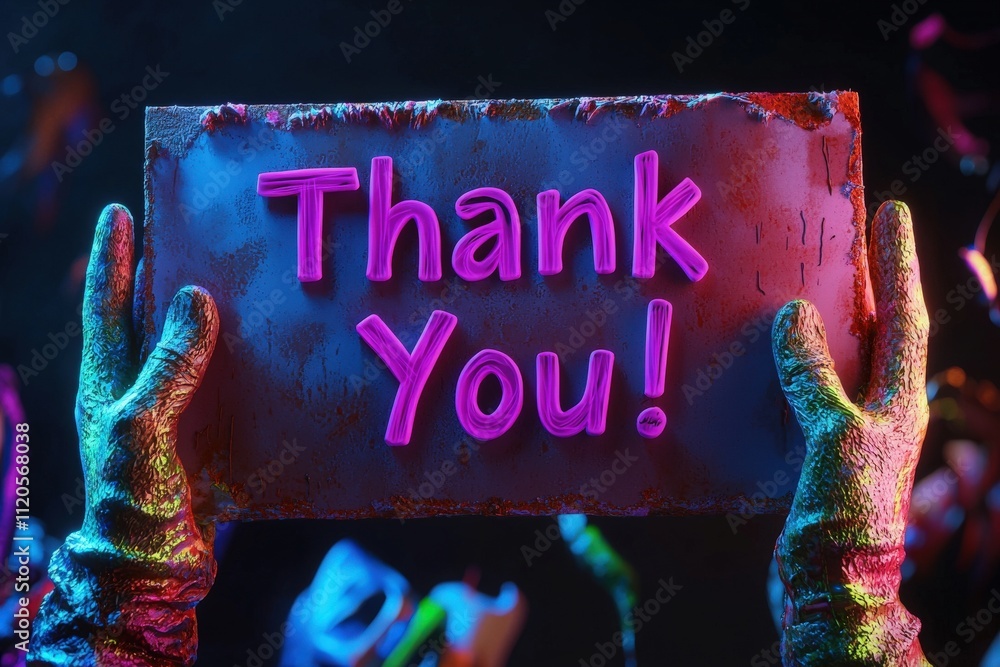 Two hands with colorful gloves hold up a vibrant sign that reads thank you against a dark background. The atmosphere is lively, filled with colorful decorations and celebration.