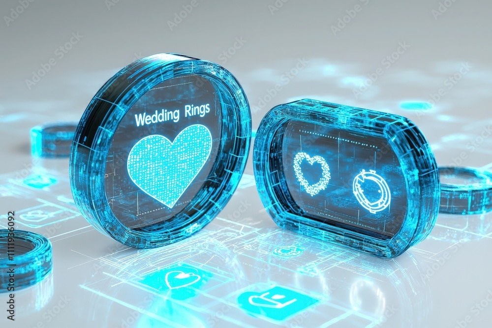 Two holographic wedding rings are displayed with heart symbols and digital icons. The background features a circuit-like design, emphasizing technology and love in a modern context.