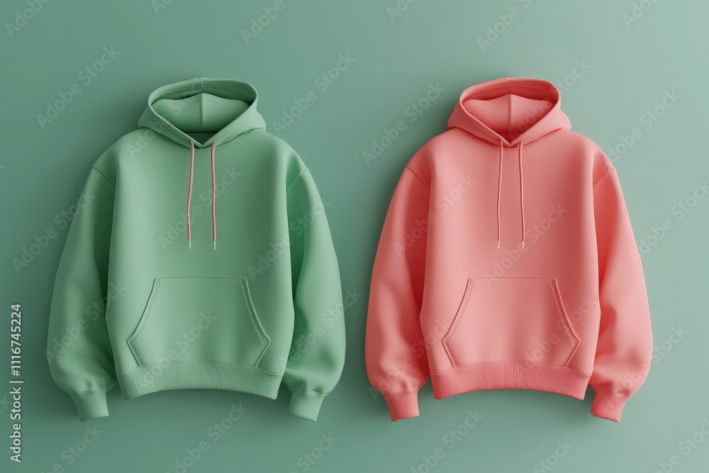 Two hoodies hang side by side against a soft pastel wall. One hoodie is a light green, while the other is a soft pink. This display highlights contemporary fashion trends.