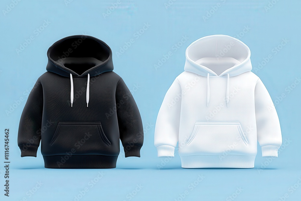 Two hoodies in contrasting colors, one black and one white, are centered on a light blue backdrop. The soft textures and modern style highlight the versatility of casual attire.