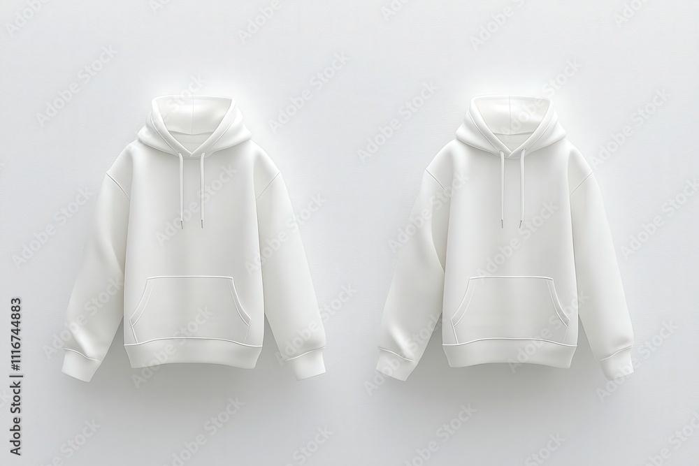 Two identical white hoodies hang side by side, showcasing a minimalist design. The soft fabric and simple silhouette are highlighted by the clean white backdrop, creating a serene atmosphere.
