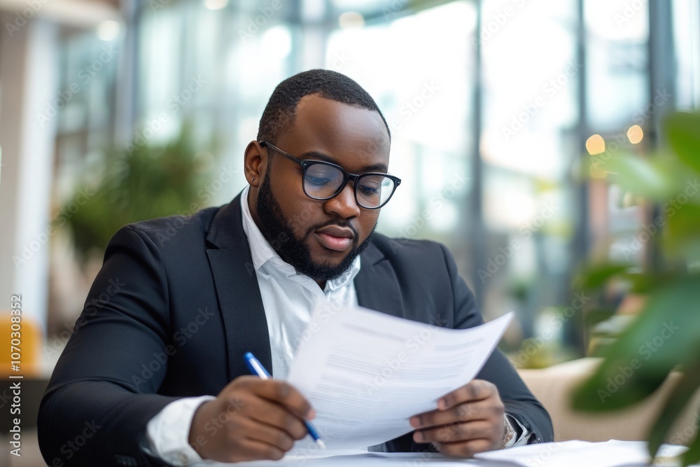 Two individuals are deeply engaged in reviewing documents in a contemporary office space. They are focused and analyzing the material with pens in hand, highlighting the importance of their work.