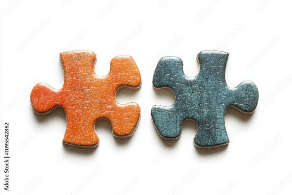 Two interlocking puzzle pieces in vibrant orange and blue colors sit side by side on a white surface, symbolizing connection and the process of problem-solving.