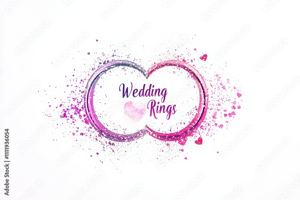Two intertwined wedding rings feature a vibrant glitter design in shades of purple and pink. The artwork highlights romance and commitment, ideal for wedding-related events or decorations.