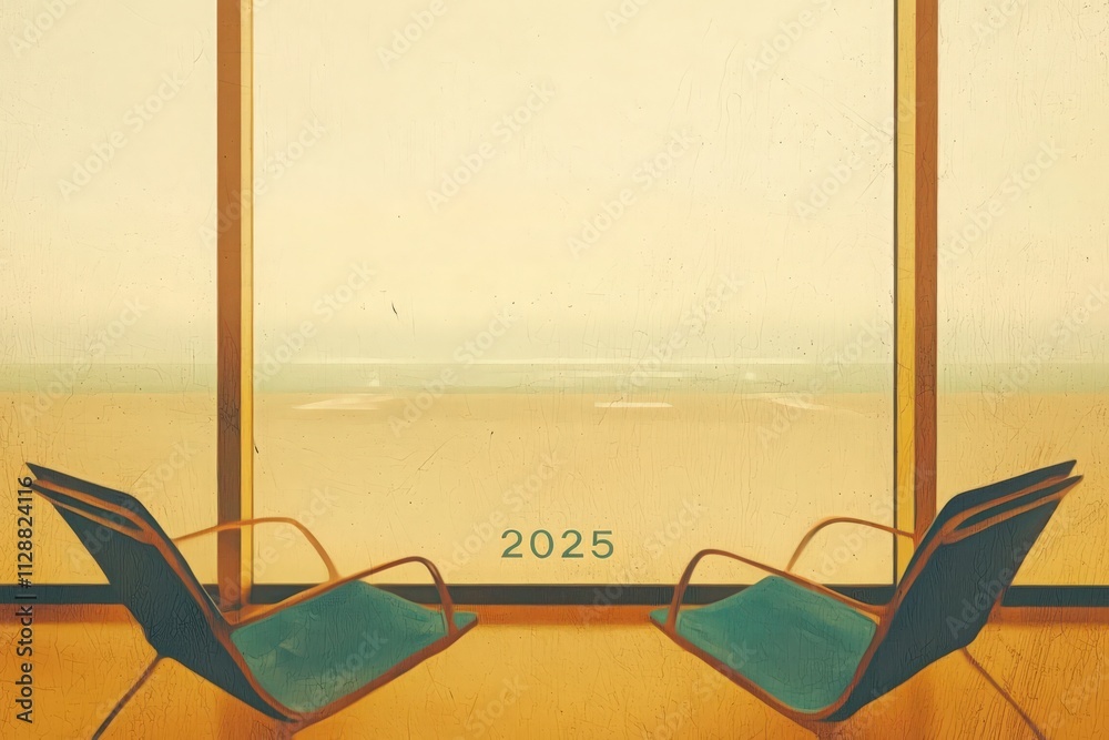Two inviting chairs sit facing a large window that showcases a tranquil beach view. The scene captures a simple, peaceful moment, embodying relaxation and a connection to nature in 2025.