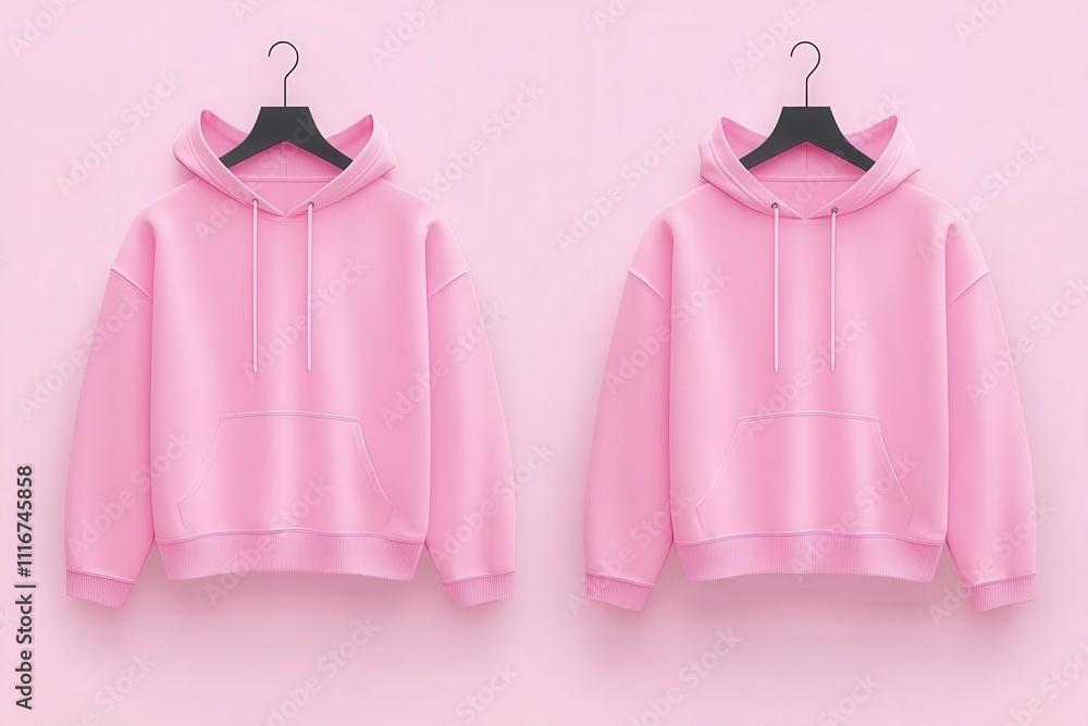 Two matching pastel pink hoodies hang from black coat hangers against a light pink background. The casual wear is perfect for comfortable chic style and showcases modern fashion trends.