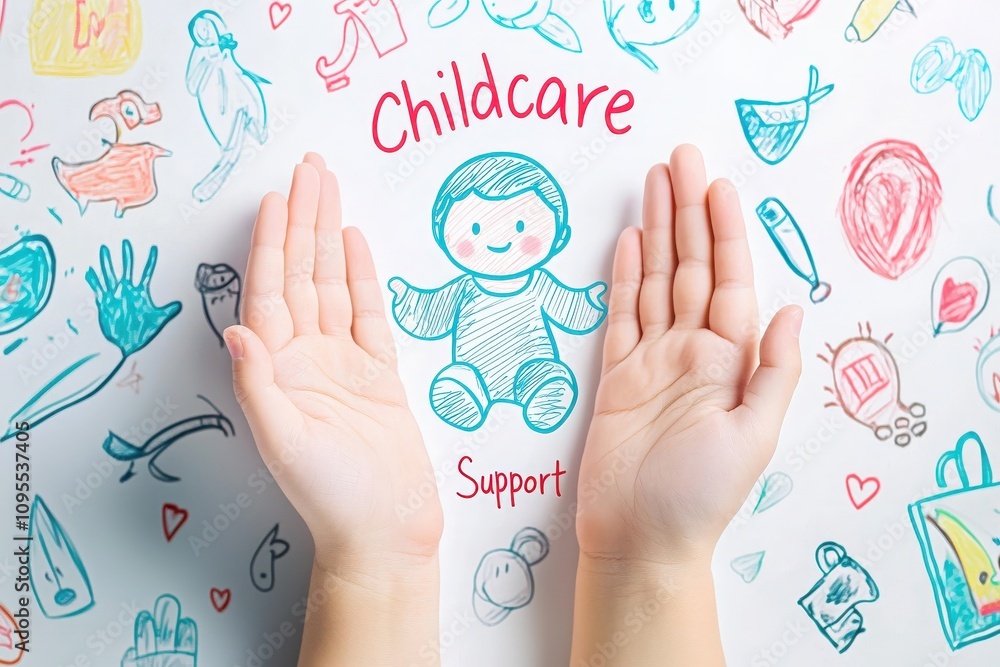 Two open hands surround a playful sketch of a child, conveying messages of love and support. Colorful doodles and drawings decorate the background, enhancing the theme of childcare.