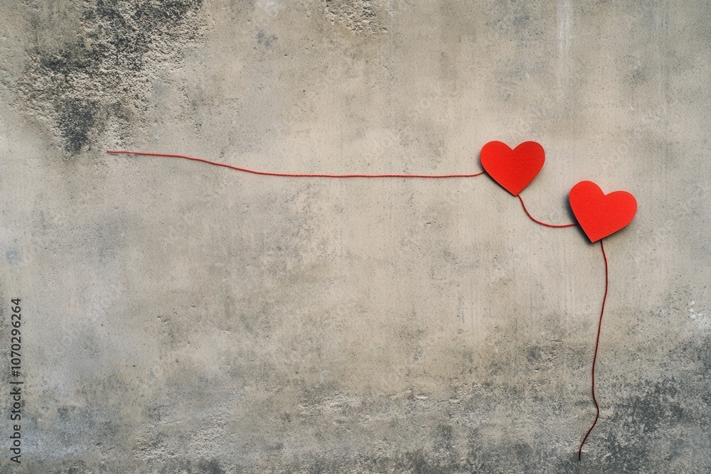 Two paper hearts connected by a red thread rest against a textured concrete wall, symbolizing connection and love. The simple yet poignant display invites contemplation on relationships.