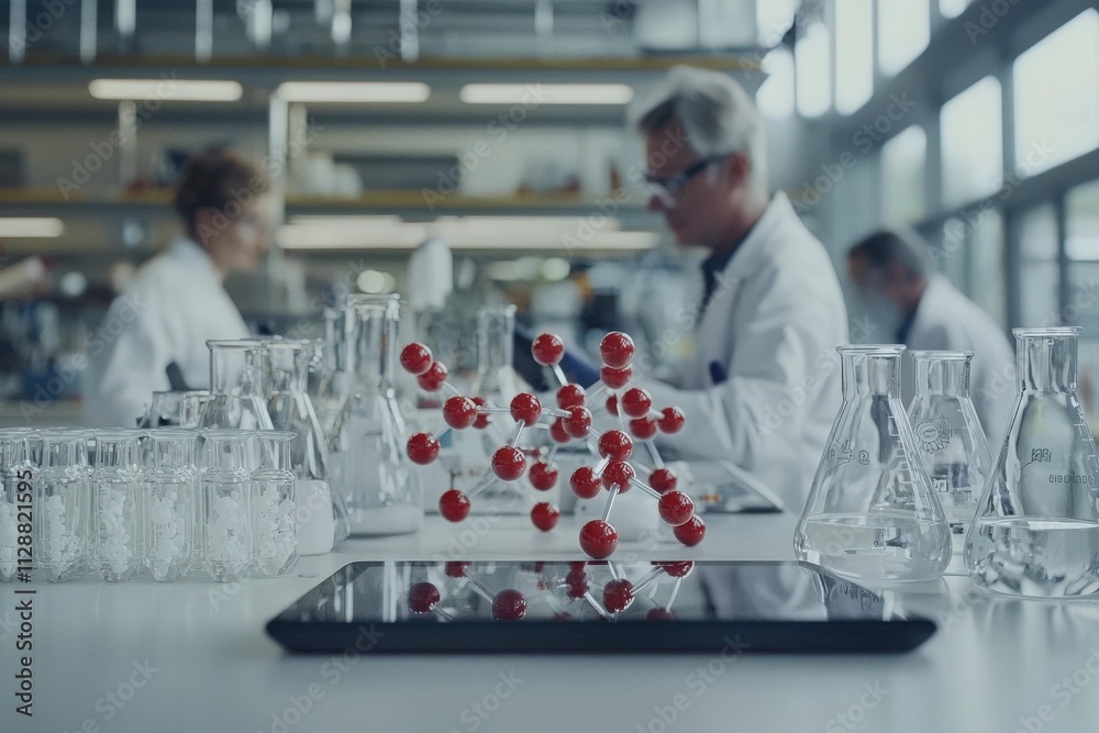 Two researchers in lab coats work diligently at a well-equipped laboratory. A digital screen exhibits a molecular model, surrounded by various glassware and scientific tools.