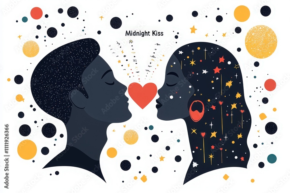 Two silhouettes of lovers are shown leaning in for a kiss amidst a cosmic background filled with stars and colorful dots. This artistic representation evokes romance during a starlit evening.