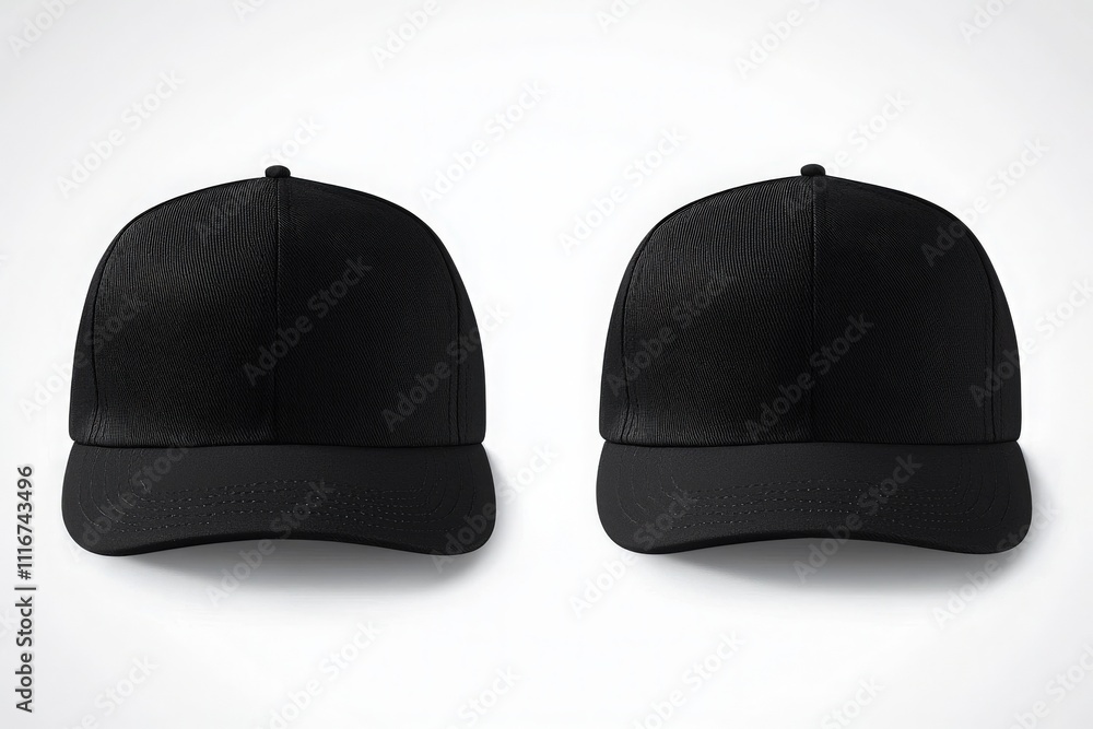 Two sleek black caps are displayed side by side, showcasing their minimalist design and textured surface. The simplicity highlights the modern style suitable for various occasions.