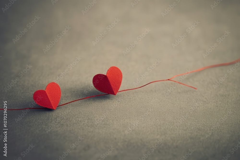 Two small red paper hearts are linked by a single red thread, resting on a soft gray background. This simple yet meaningful composition evokes emotions of love and connection.