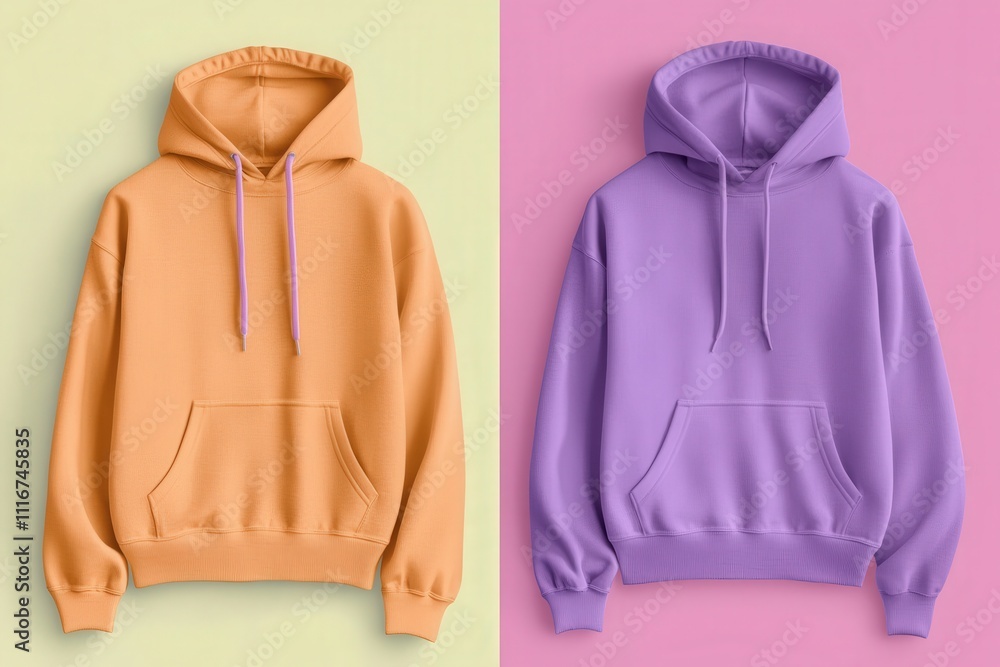 Two stylish hoodies in shades of orange and purple are presented side by side against green and pink backgrounds. The design features a cozy hood and spacious pockets, ideal for casual wear.