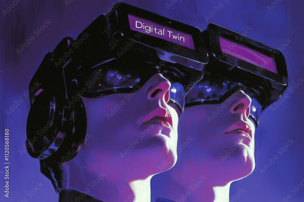 Two stylized figures wearing advanced virtual reality headsets explore the concept of digital twins. The vibrant colors and sleek design create a captivating futuristic atmosphere.