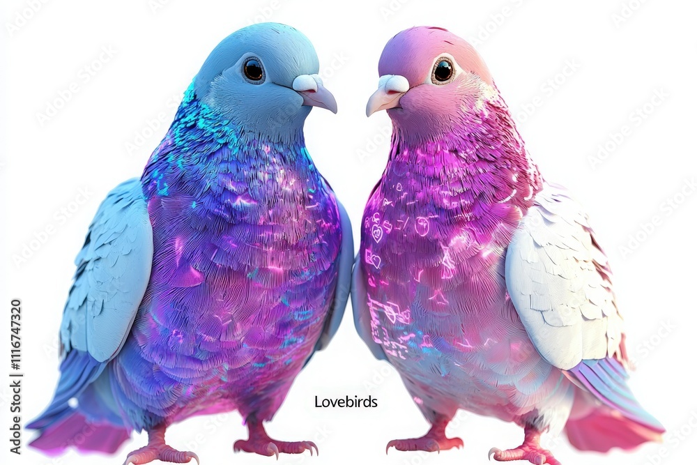 Two vibrant lovebirds stand close together, showcasing their colorful feathers. The bright blue and pink hues blend beautifully, creating an enchanting view of these affectionate birds.
