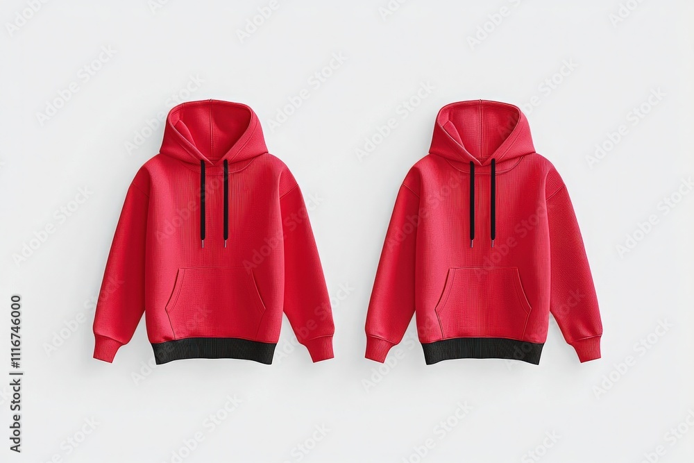 Two vibrant red hoodies with black accents and front pockets are arranged symmetrically on a white surface. The hoodies showcase a trendy design suitable for everyday wear and comfort.
