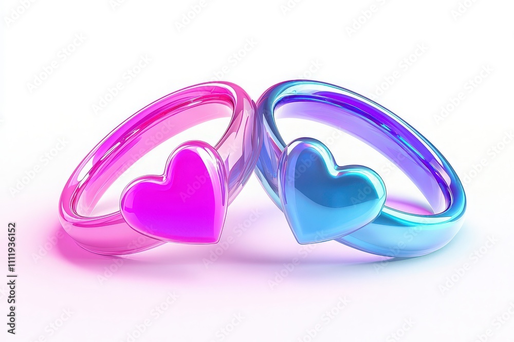 Two vibrant rings with heart-shaped designs are displayed together. One is pink and the other is blue, showcasing a playful interpretation of affection and connection.