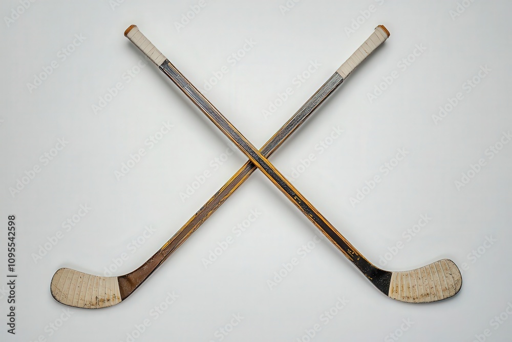 Two vintage hockey sticks are crossed against a plain background, highlighting their worn details and craftsmanship. This arrangement symbolizes a love for the sport and nostalgia.