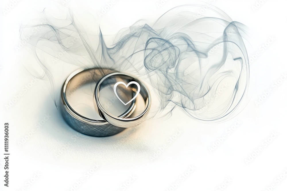 Two wedding rings rest close together, surrounded by wisps of delicate smoke. The soft lighting highlights their shiny surfaces, symbolizing love and commitment between partners.