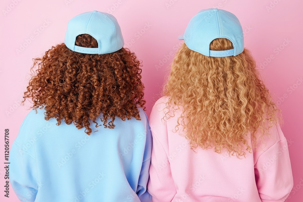 Two women stand back to back, showcasing their curly hairstyles and colorful caps. One wears a blue top while the other sports a pink sweater against a lively pink backdrop.