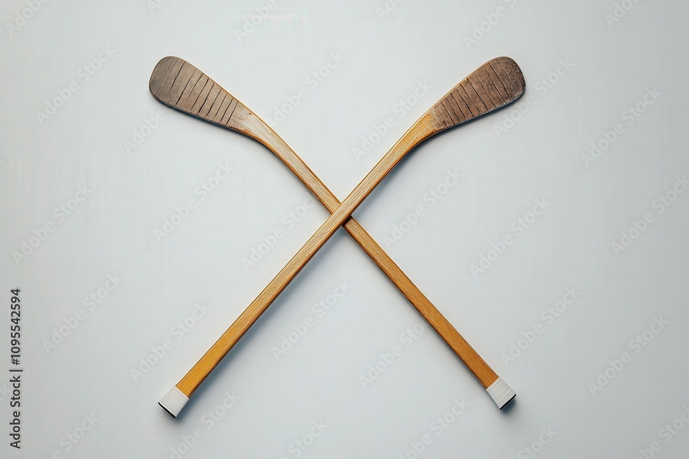 Two wooden hockey sticks are crossed in an X shape against a plain background, emphasizing their design and material. This arrangement highlights the craftsmanship of the equipment.