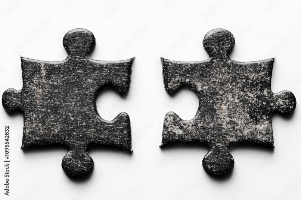 Two worn, black puzzle pieces are shown closely together, symbolizing the concept of connection, completion, and the challenge of fitting pieces into a whole.