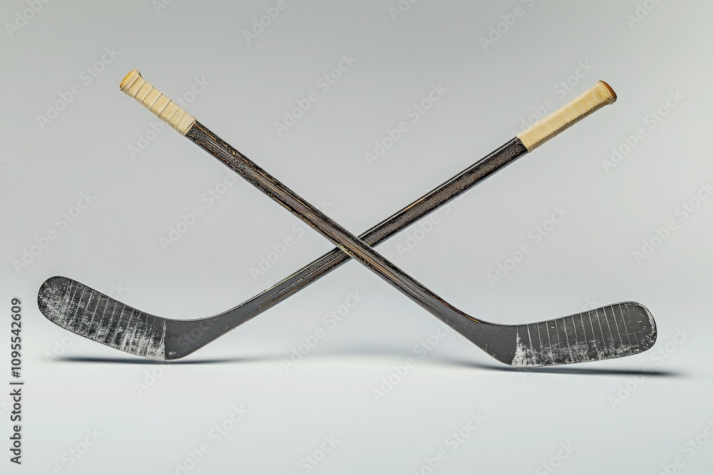 Two worn hockey sticks are crossed in a minimalist arrangement on a neutral background, capturing the essence of the sport. This setup evokes feelings of competition and teamwork.