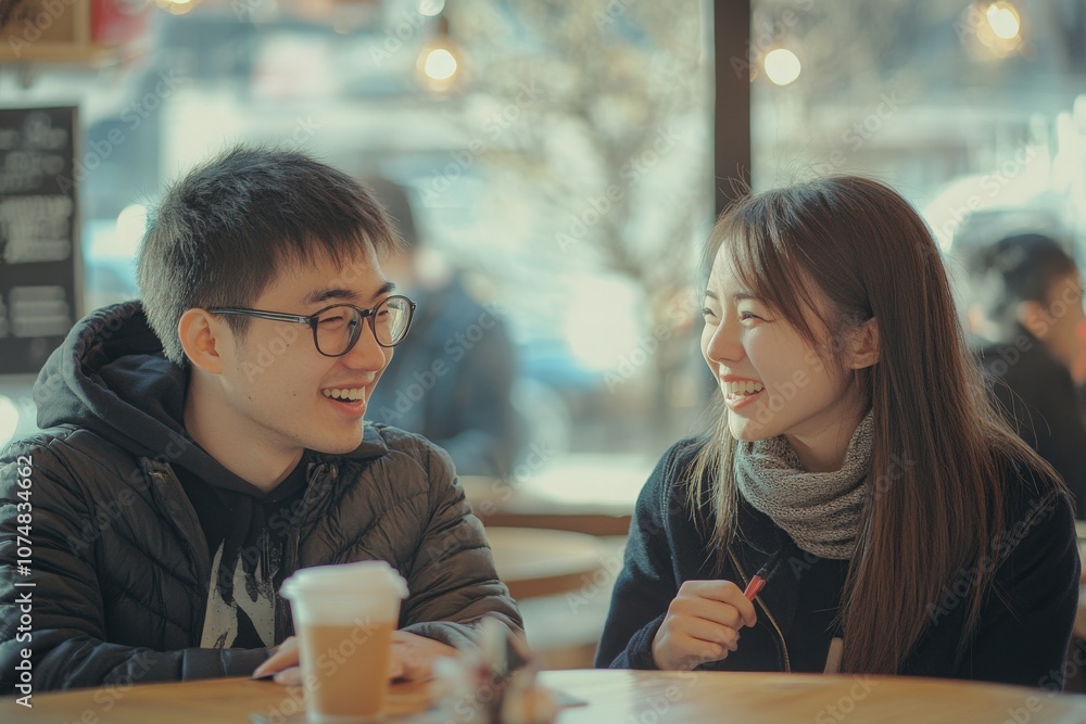 Two young Asian friends are enjoying a playful conversation and sharing laughs at a cozy cafe on a chilly day, creating a lively and cheerful atmosphere as they connect over their drinks.