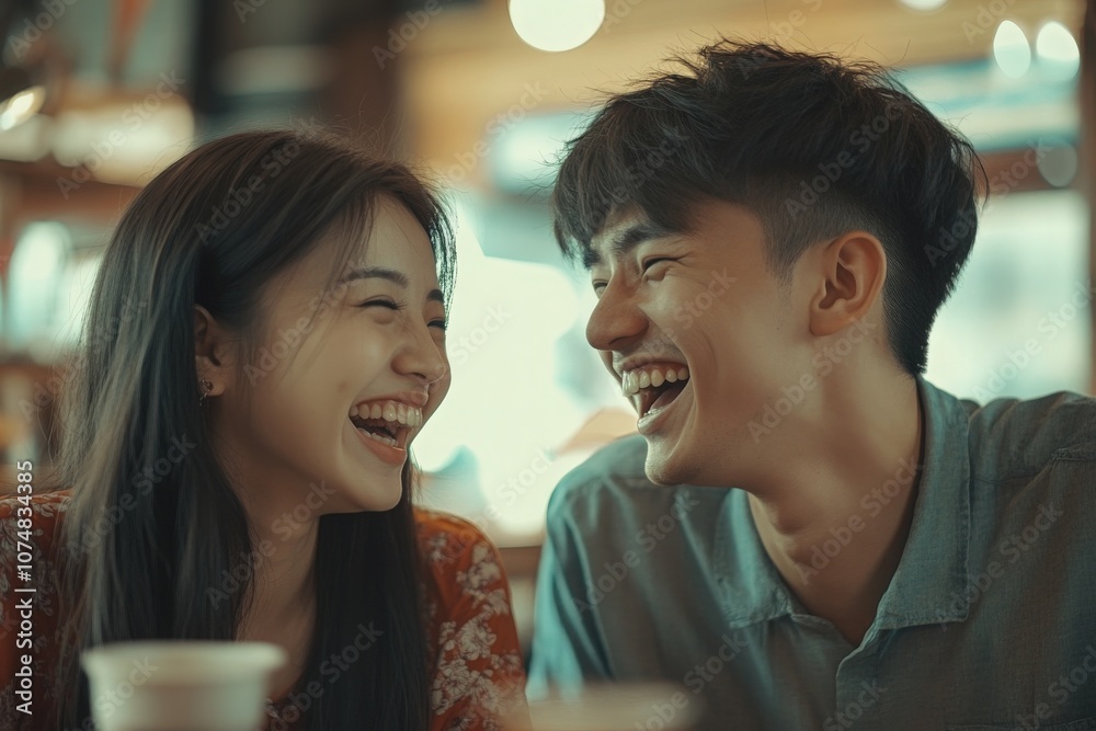 Two young Asian individuals are engaged in a joyful conversation at a cafe, sharing laughter and smiles. The warm atmosphere enhances their friendly interaction, creating a delightful moment.