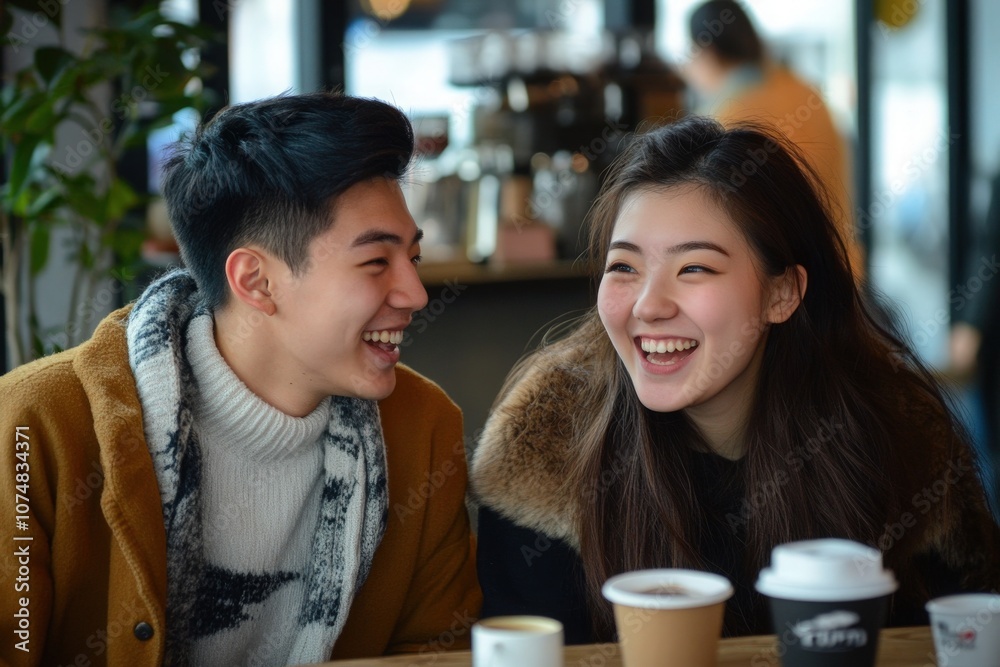 Two young Asian individuals are engaged in a lively discussion at a cafe, sharing laughter and smiles while surrounded by warm decor and coffee cups, creating an inviting atmosphere.
