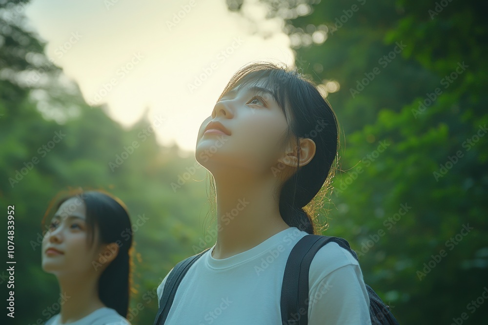 Two young Asian individuals take a moment to breathe in the fresh air while exploring a forested area at twilight. The serene atmosphere enhances their experience in nature.