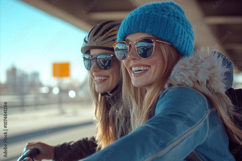Two young millennials are happily biking together under a bridge, wearing helmets and sunglasses. Their enthusiasm shines as they embrace the sunny day and each others company.