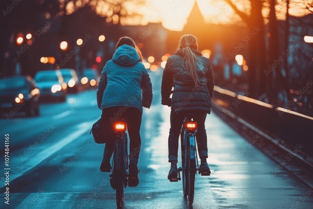 Two young millennials ride bicycles side by side along a city street as the sun sets, creating a picturesque and calming atmosphere. The fading light highlights their joyful moment.