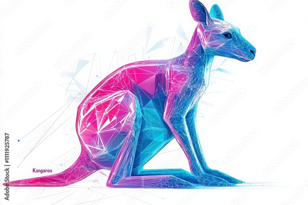 Unique digital artwork displays a kangaroo designed with geometric shapes and bright neon colors, emphasizing the creatures form and features through an abstract lens.