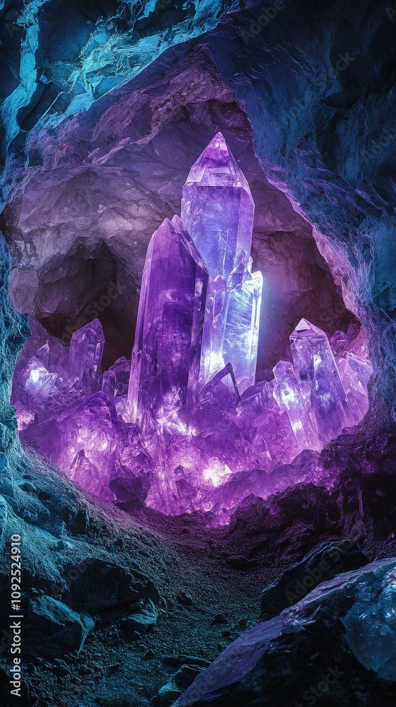 Unique purple crystal formations shine brightly within a hidden cave. The vibrant colors create an enchanting atmosphere, captivating all who explore this mystical underground world.