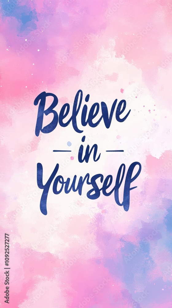 Uplifting design features the phrase Believe in Yourself in a bold font against a soft pink and blue watercolor background, promoting self-confidence and positivity.