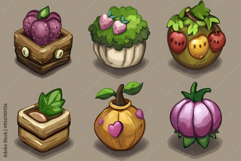 Various cartoon fruits sit in decorative containers, showcasing vibrant colors and whimsical designs. Each piece features a unique shape, size, and personality, creating a cheerful display.