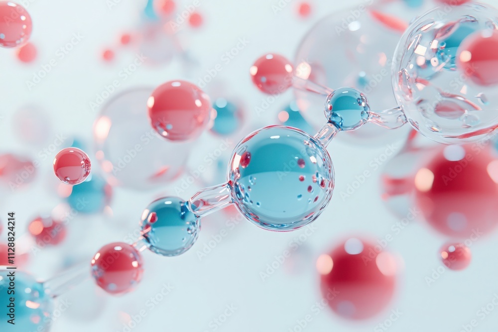 Various colorful molecules in shades of blue, pink, and clear float in a light background, illustrating concepts of chemistry and molecular science in a captivating way.