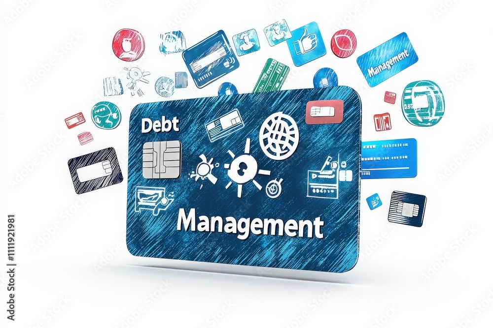 Various credit cards and icons illustrate the concept of debt management and financial strategies. This visual emphasizes the importance of managing debt for financial stability and success.