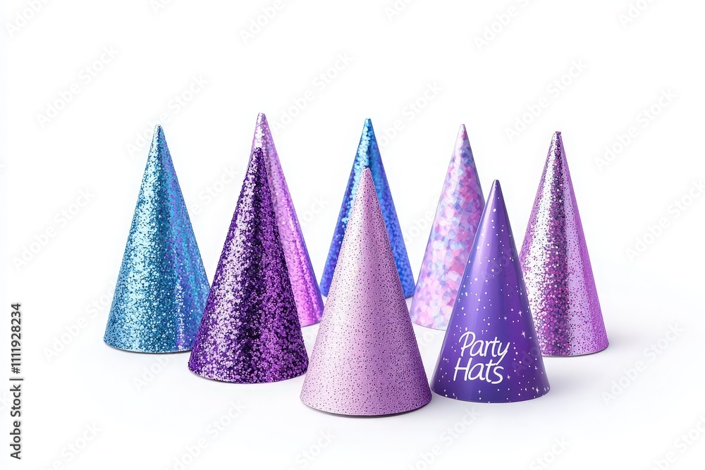 Various party hats in shades of blue and purple are arranged in a sparkling formation, highlighting their vibrant colors and glittery finish. Perfect for any celebration.