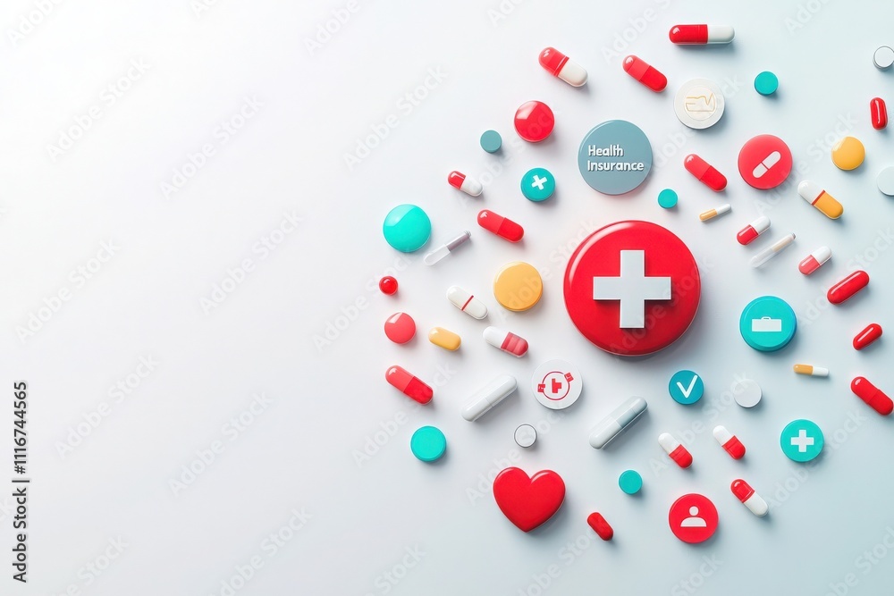 Various pills and capsules of different shapes and colors are organized around red and white medical symbols. This arrangement highlights themes of health insurance and medical care.