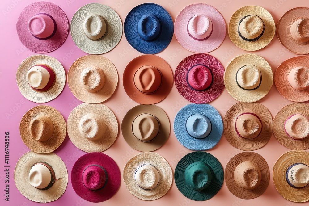 Various styles and colors of straw hats are displayed on a soft pastel background. Each hat showcases different designs and textures, creating a vibrant visual interest.