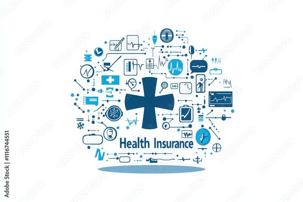Various symbols and icons represent health insurance concepts, including medical tools, wellness metrics, and treatments. This collection reflects the importance of healthcare coverage and access.