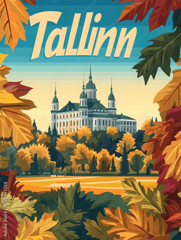 Vibrant autumn foliage frames a charming historic building in Tallinn. The warm sunset casts a golden hue over the scene, inviting exploration and appreciation of nature and architecture.